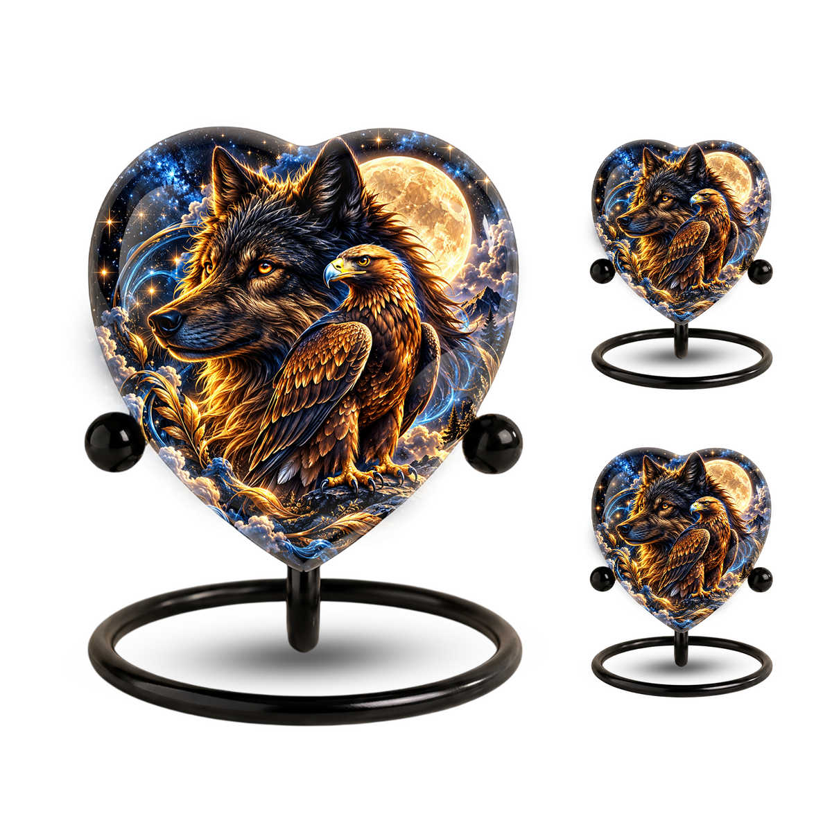 Heart Shaped Wolf and Eagle Urn for Ashes, Wildlife Cremation Urn, Celestial Moon Animal Memorial Urn