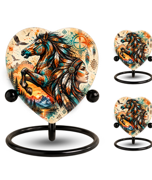 Horse Adult Urn for Ashes, Native American Inspired Horse Memorial Urn, Tribal Feather Cremation Urn