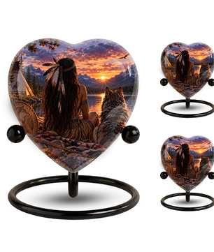 Native American Wolf Adult Cremation Urn for Ashes, Personalized Adult Urn, Wolf Memorial Urn, Indigenous Inspired Heart Urn, Adult Cremation Urn