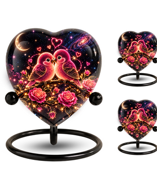 Heart Shaped Love Birds Urn for Ashes, Romantic Pink Birds Cremation Urn