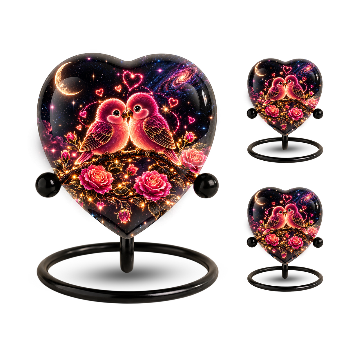 Heart Shaped Love Birds Urn for Ashes, Romantic Pink Birds Cremation Urn
