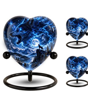 Wolf Adult Urn for Ashes, Blue Lightning Wolf Memorial Urn, Full Moon and Mountain Cremation Urn,