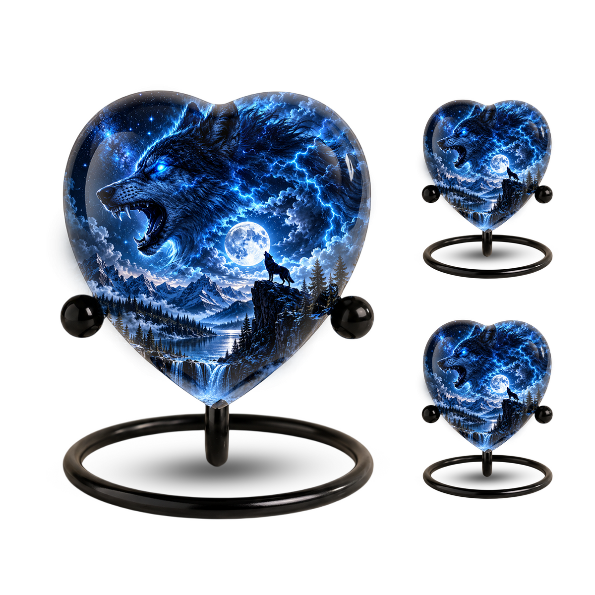 Wolf Adult Urn for Ashes, Blue Lightning Wolf Memorial Urn, Full Moon and Mountain Cremation Urn,