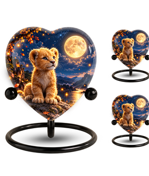 Lion Cub Adult Urn for Ashes, Baby Lion Memorial Urn, Golden Moon and Mountain Cremation Urn