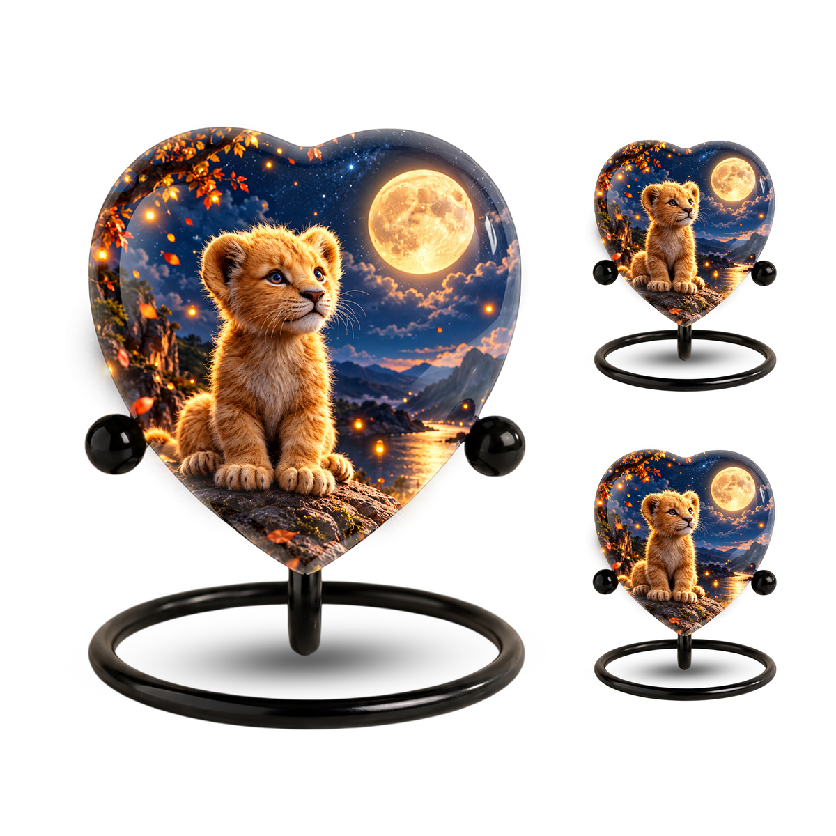 Lion Cub Adult Urn for Ashes, Baby Lion Memorial Urn, Golden Moon and Mountain Cremation Urn