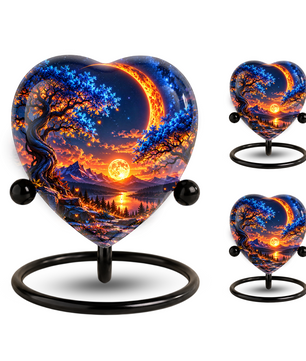 Heart Shaped Moon Urn for Ashes, Celestial Sunset Cremation Urn, Blue Tree and Crescent Moon Memorial Urn
