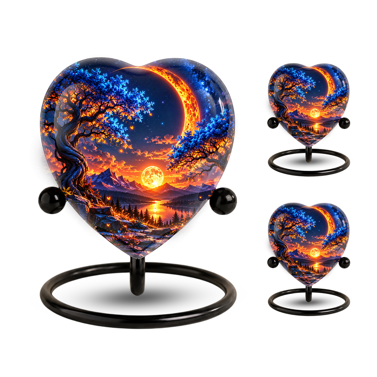 Heart Shaped Moon Urn for Ashes, Celestial Sunset Cremation Urn, Blue Tree and Crescent Moon Memorial Urn