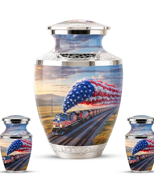 Train Cremation Urn for Dad, Patriotic Railroad Memorial Urn, American Train Keepsake for Father