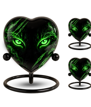 Green Cat Adult Cremation Urn for Ashes, Black Cat Memorial Urn, Gothic Cat Personalized Adult Urn, Heart Shaped Cremation Urn