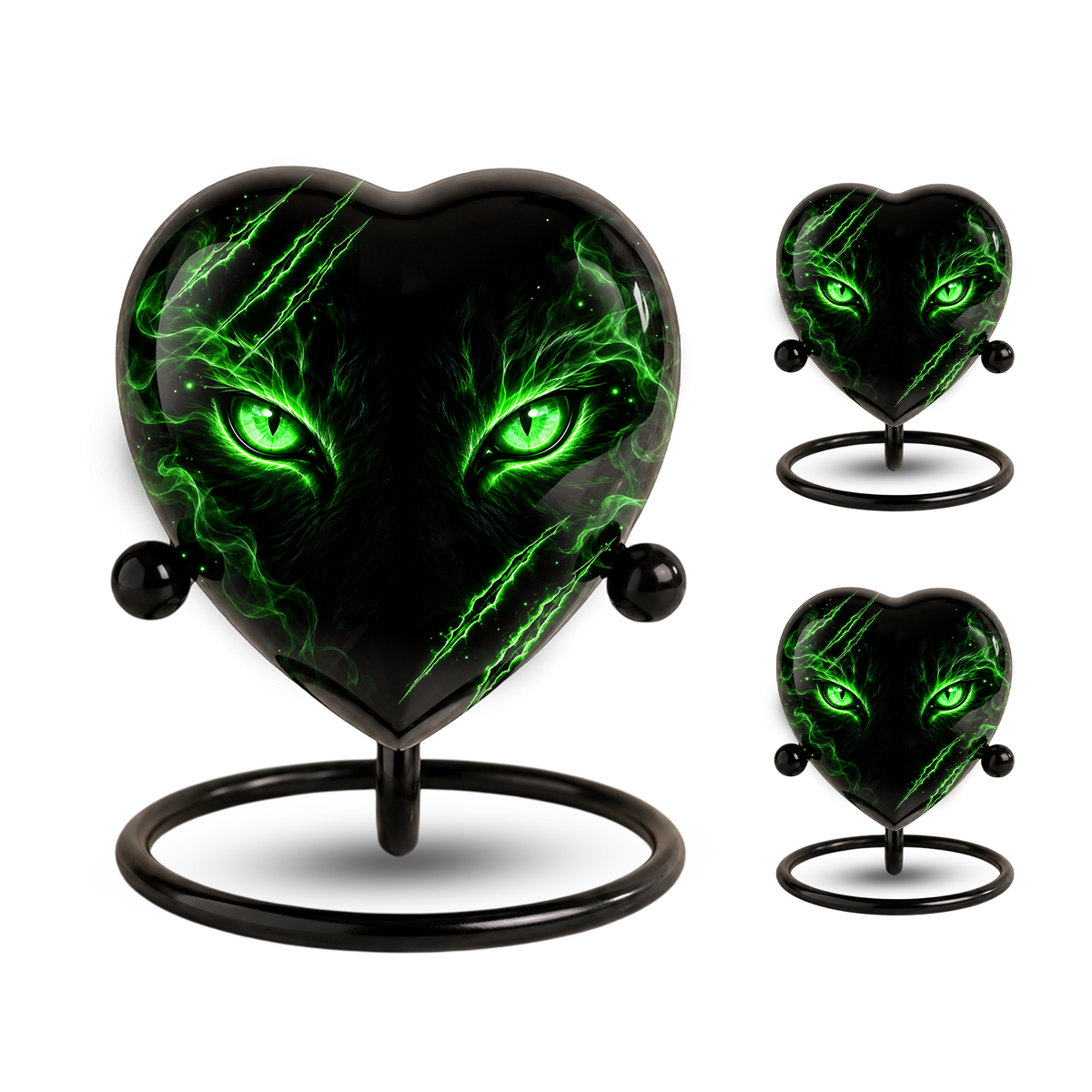 Green Cat Adult Cremation Urn for Ashes, Black Cat Memorial Urn, Gothic Cat Personalized Adult Urn, Heart Shaped Cremation Urn