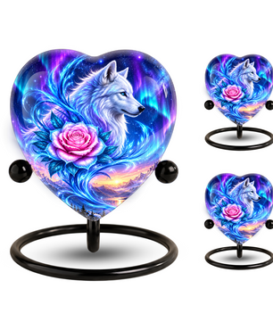 Heart Shaped White Wolf Urn for Ashes, Pink Rose Cremation Urn, Aurora Borealis Wolf Memorial Urn