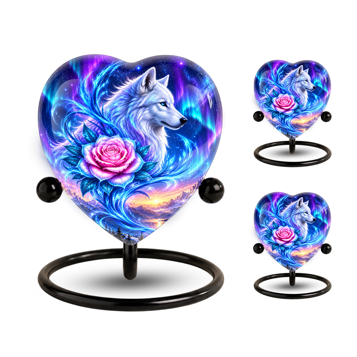 Heart Shaped White Wolf Urn for Ashes, Pink Rose Cremation Urn, Aurora Borealis Wolf Memorial Urn