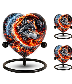Wolf Cremation Urn for Ashes, Adult Memorial Urn, Personalized Wolf Urn, Heart Shaped Urn for Men