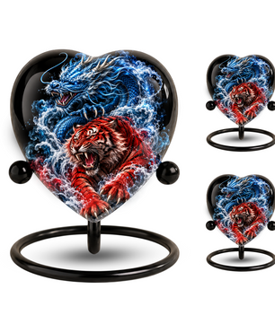 Dragon Tiger Heart Cremation Urn for Ashes, Personalized Adult Memorial Urn Heart Shaped Adult Cremation Urn
