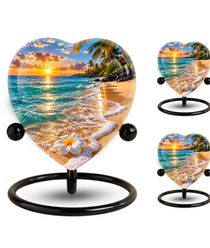 Beach Sunset Cremation Urn for Ashes, Tropical Ocean Memorial Urn, Heart Shaped Beach Urn, Personalized Coastal Urn,
