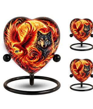 Heart Shaped Wolf and Phoenix Urn for Ashes, Personalized Fantasy Cremation Urn