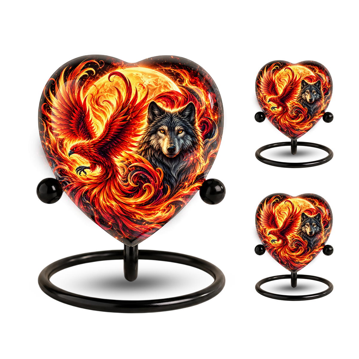 Heart Shaped Wolf and Phoenix Urn for Ashes, Personalized Fantasy Cremation Urn