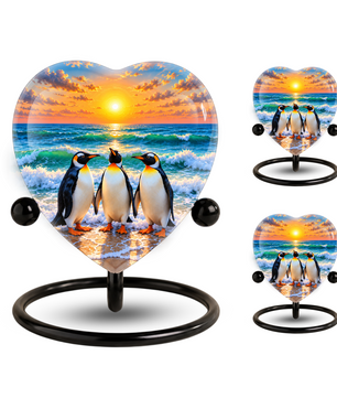 Penguin Beach Cremation Urn for Ashes, Penguin Memorial Urn, Ocean Sunset Urn, Heart Shaped Cremation Urn