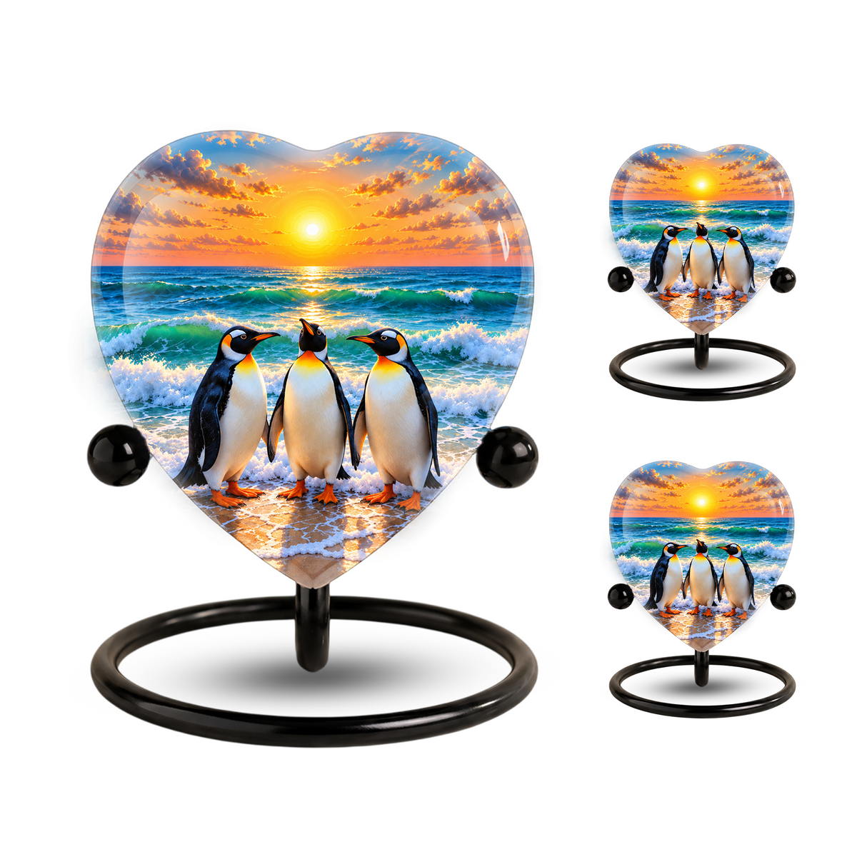 Penguin Beach Cremation Urn for Ashes, Penguin Memorial Urn, Ocean Sunset Urn, Heart Shaped Cremation Urn