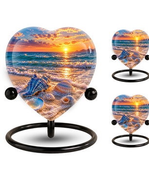 Seashell Beach Cremation Urn for Ashes, Ocean Sunset Memorial Urn, Seashell Urn, Coastal Heart Shaped Cremation Urn