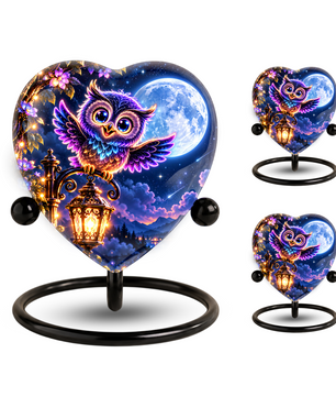 Heart-Shaped Owl Cremation Urn for Ashes – Personalized Night Sky Memorial Urn