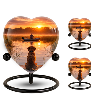 Sunset Fishing Dog Adult Urn for Human Ashes – Heart-Shaped Lake Memorial Adult Cremation Urn