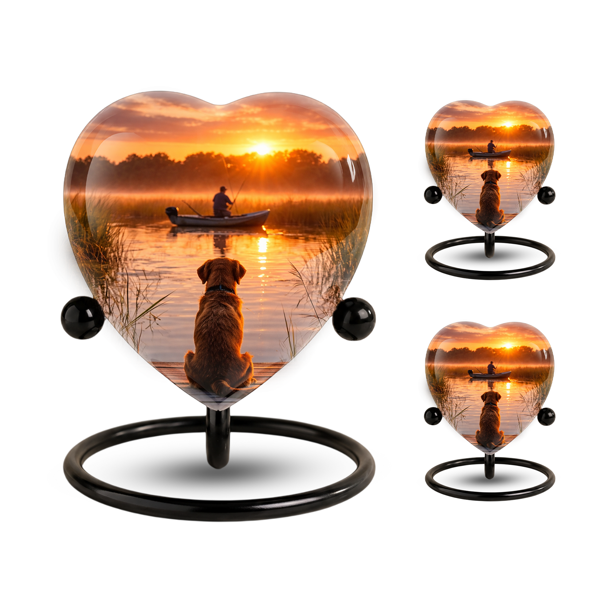 Sunset Fishing Dog Adult Urn for Human Ashes – Heart-Shaped Lake Memorial Adult Cremation Urn