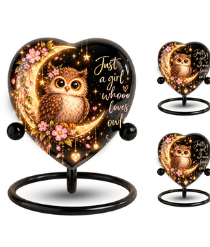 Owl Adult Cremation Urn for Ashes, Personalized Owl Memorial Urn, Heart Shaped Adult Urn, Owl Lover Cremation Urn, Floral Animal Urn