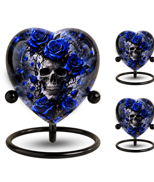 Blue Rose Skull Cremation Urn for Ashes, Gothic Memorial Urn, Blue Rose Urn, Skull Heart Urn, Personalized Adult Cremation Urn