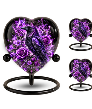 Purple Raven Heart Cremation Urn for Ashes, Raven Memorial Urn, Purple Floral Urn, Crow Urn for Ashes, Gothic Heart Cremation Urn