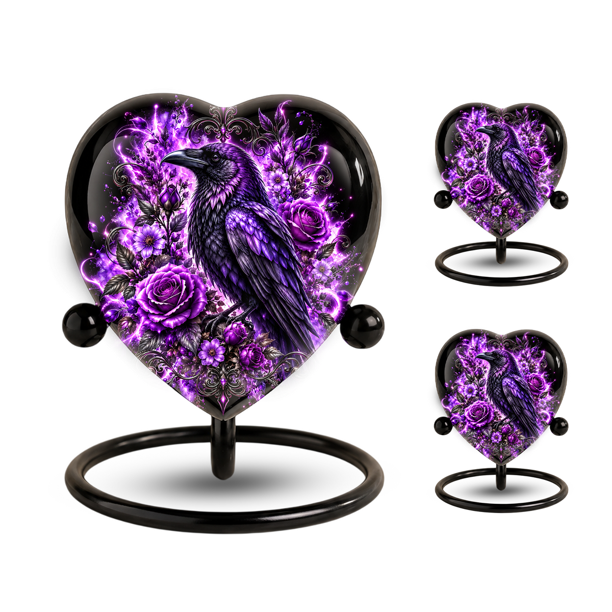Purple Raven Heart Cremation Urn for Ashes, Raven Memorial Urn, Purple Floral Urn, Crow Urn for Ashes, Gothic Heart Cremation Urn