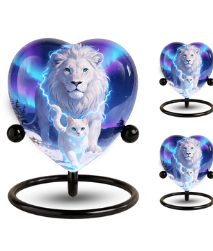 White Lion and White Cat Heart Memorial Urn – Adult Urn, Urns for Adult Ashes
