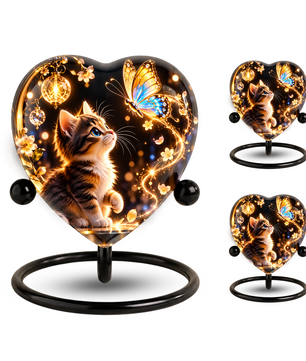 Heart Shaped Cat Urn for Ashes, Kitten and Butterfly Cremation Urn, Personalized Pet Memorial Urn for Human Ashes
