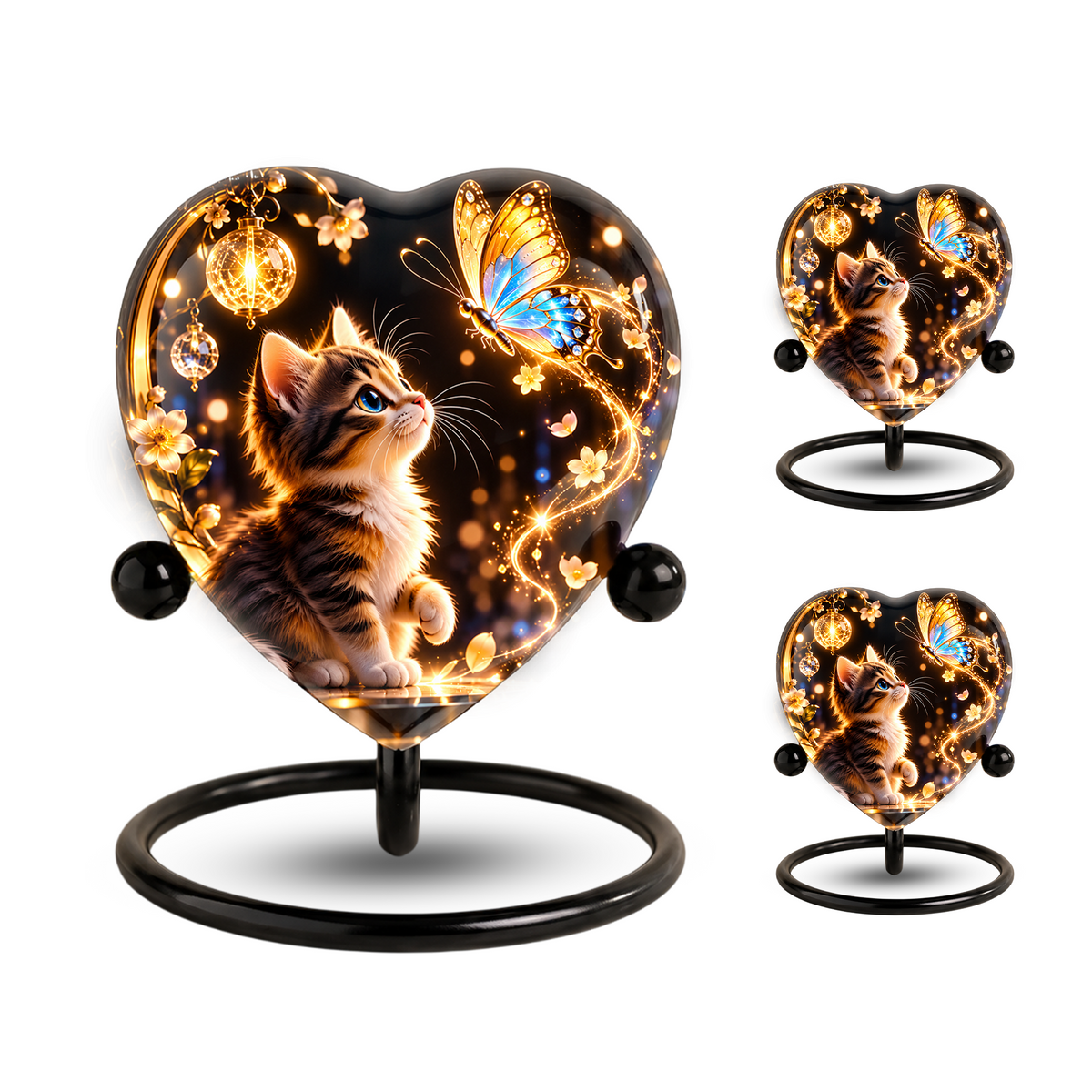 Heart Shaped Cat Urn for Ashes, Kitten and Butterfly Cremation Urn, Personalized Pet Memorial Urn for Human Ashes