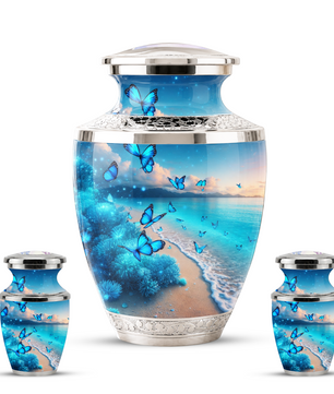 Blue Butterfly Beach Urn for Mom, Ocean Cremation Urn for Women, Butterfly Memorial Keepsake