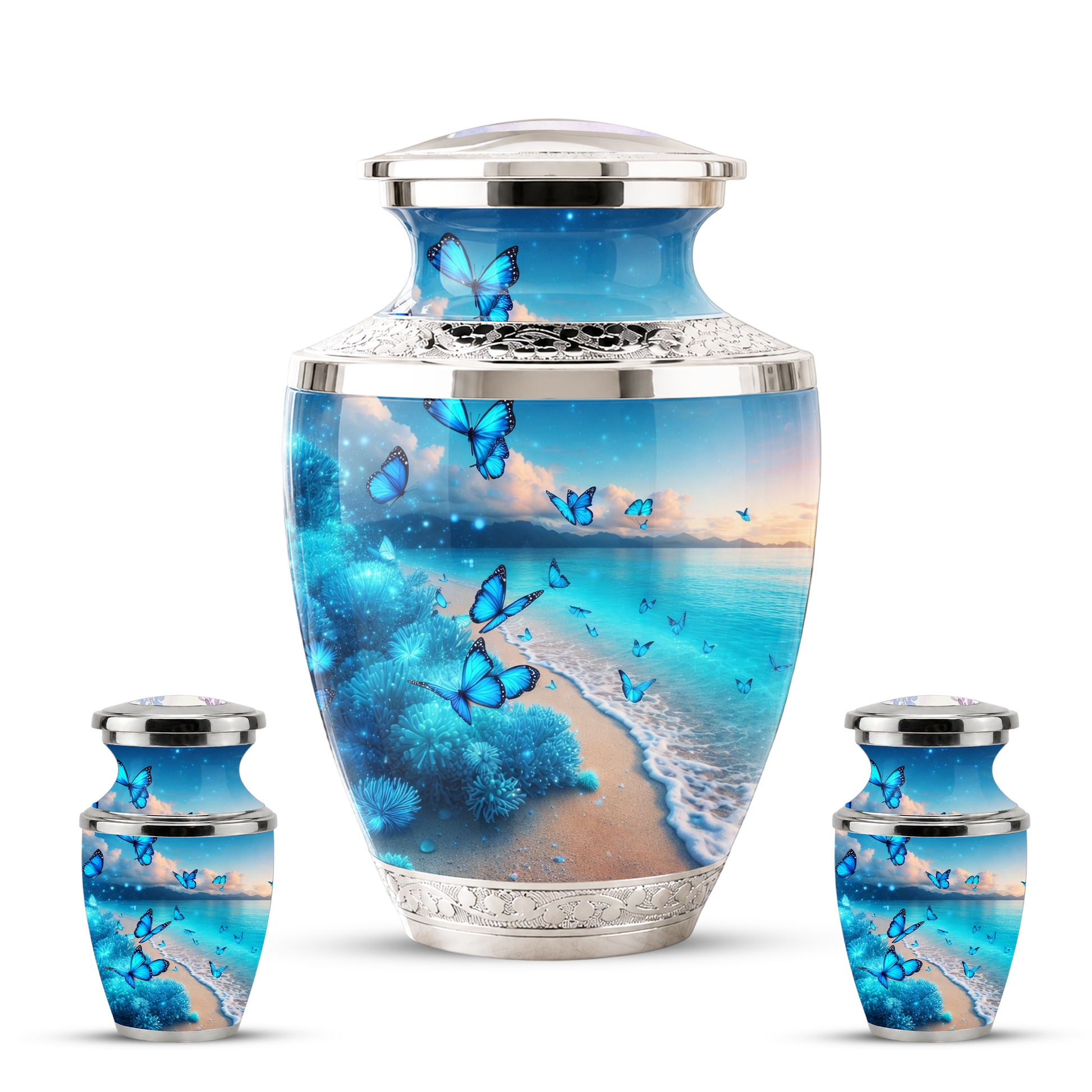 Blue Butterfly Beach Urn for Mom, Ocean Cremation Urn for Women, Butterfly Memorial Keepsake