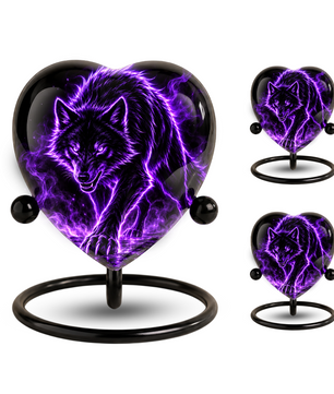 Purple Wolf Adult Cremation Urn for Ashes, Black Wolf Memorial Urn, Personalized Heart Shaped Adult Urn, Wolf Cremation Urn