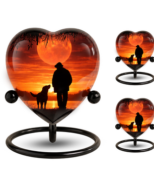 Heart Shaped Urn for Dad – Sunset Memorial Urn with Man & Dog, Personalized Urn for Dad,