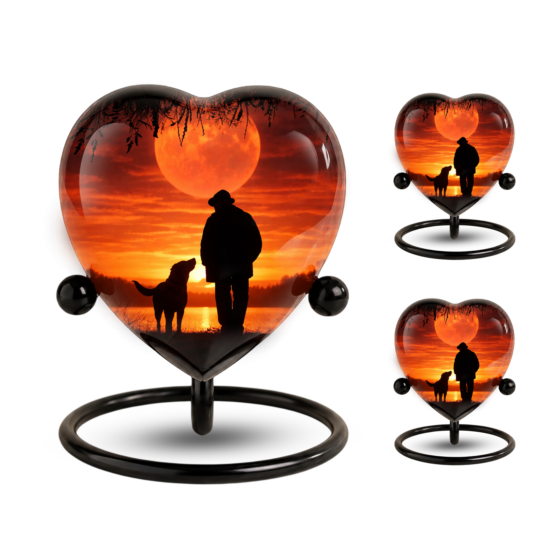 Heart Shaped Urn for Dad – Sunset Memorial Urn with Man & Dog, Personalized Urn for Dad,
