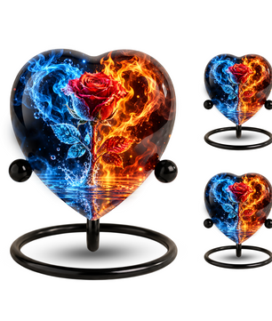 Heart Shaped Red Rose Urn for Ashes, Blue and Orange Flame Cremation Urn