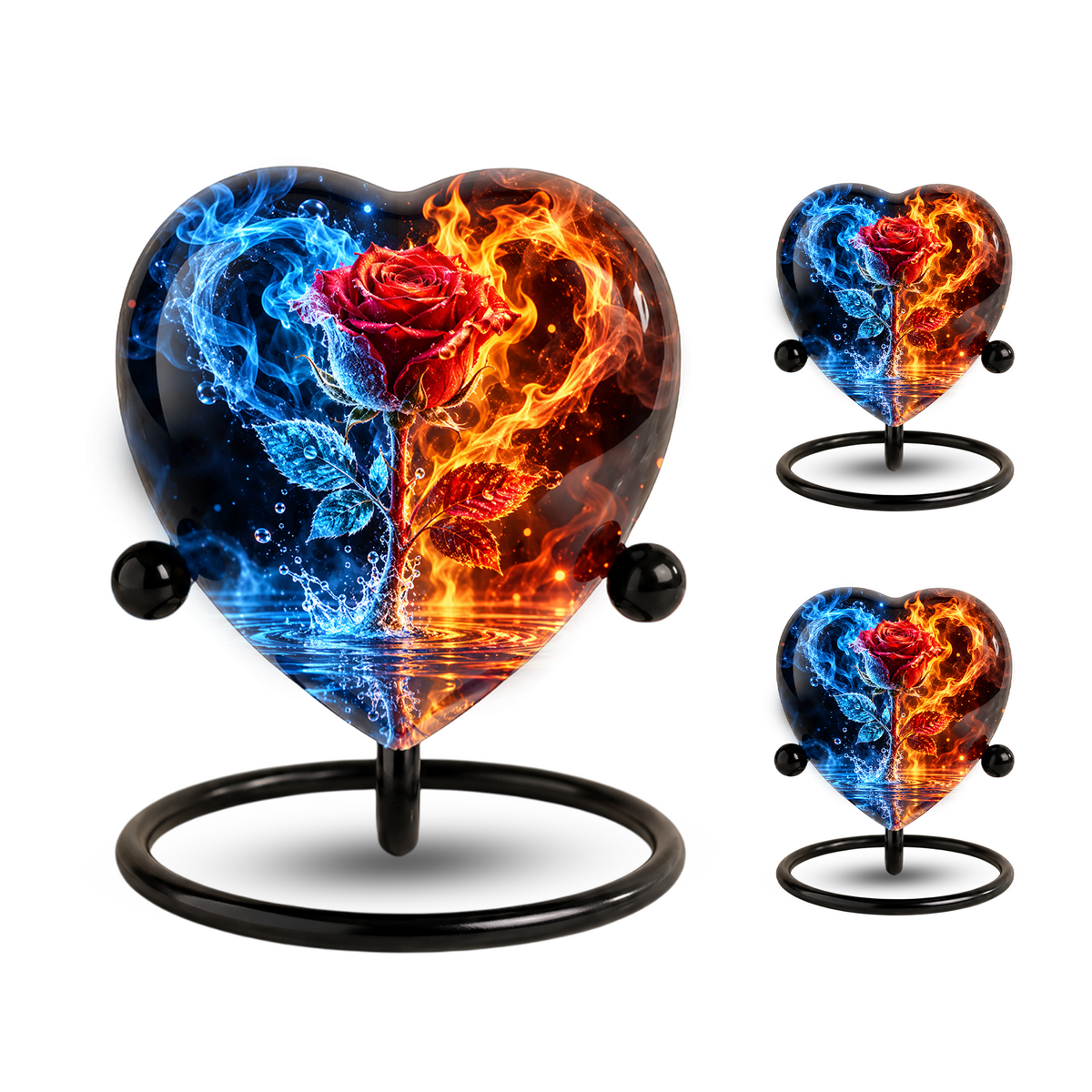 Heart Shaped Red Rose Urn for Ashes, Blue and Orange Flame Cremation Urn