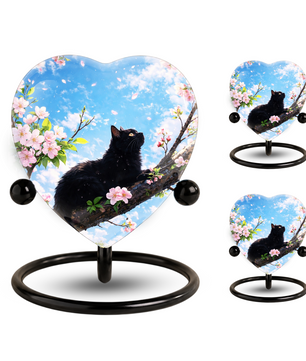 Black Cat Cherry Blossom Heart Memorial Urn – Personalised Cat Urn for Ashes,Cat Memorial Keepsake