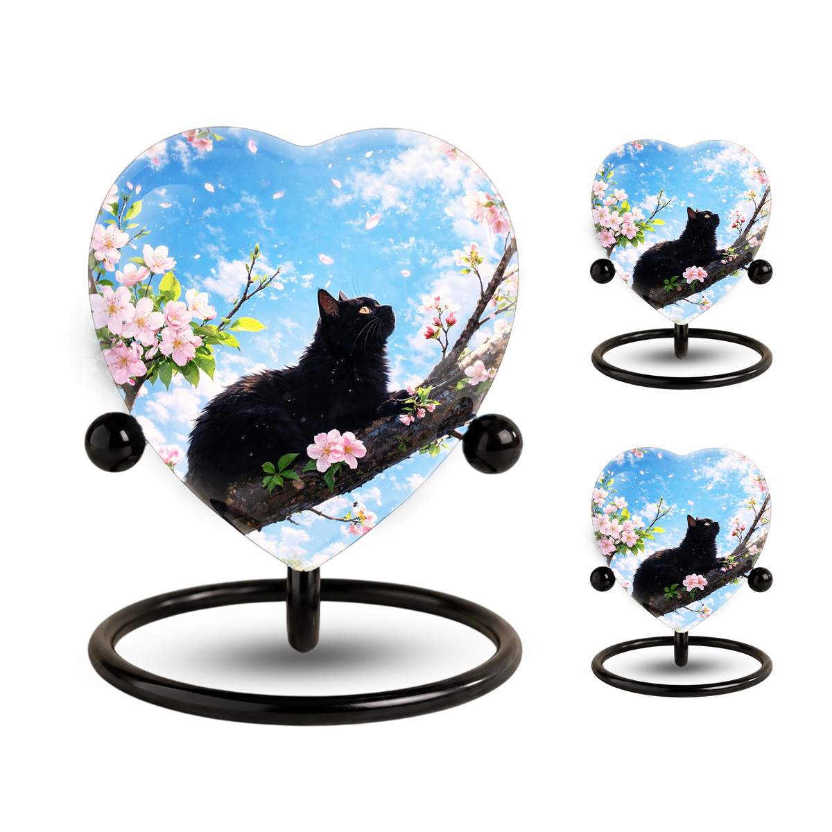 Black Cat Cherry Blossom Heart Memorial Urn – Personalised Cat Urn for Ashes,Cat Memorial Keepsake