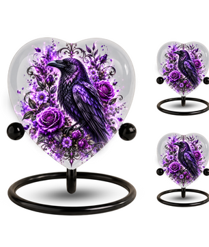 Purple Raven Heart Cremation Urn for Ashes, Crow Memorial Urn, Purple Floral Urn, Raven Urn for Ashes, Personalized Heart Cremation Urn