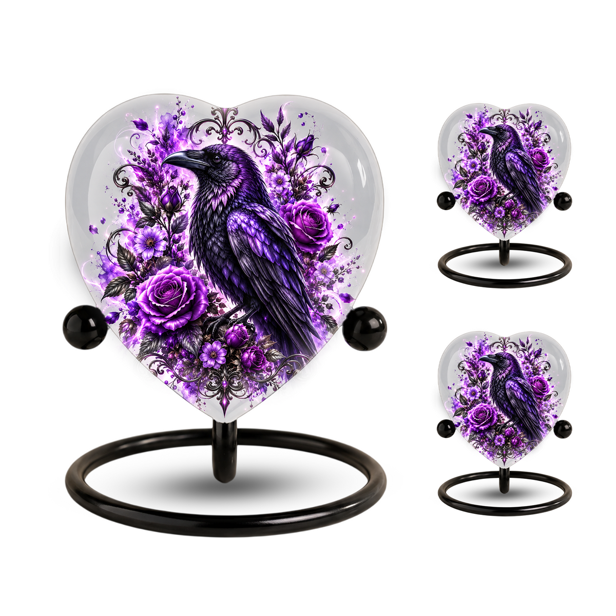 Purple Raven Heart Cremation Urn for Ashes, Crow Memorial Urn, Purple Floral Urn, Raven Urn for Ashes, Personalized Heart Cremation Urn