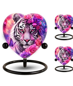 White Tiger Urn – Tiger Cremation Urn, Heart-Shaped Memorial Urn with Pink Roses
