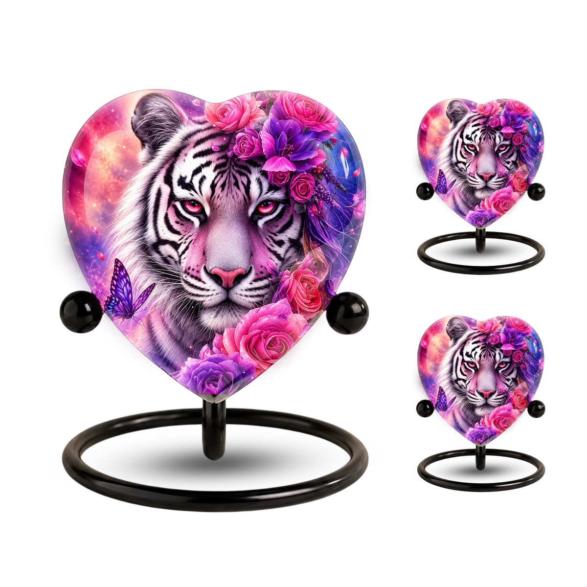 White Tiger Urn – Tiger Cremation Urn, Heart-Shaped Memorial Urn with Pink Roses
