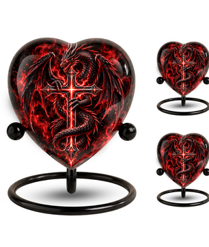 Red Dragon Cremation Urn for Ashes, Dragon Cross Memorial Urn, Gothic Fantasy Adult Urn, Personalized Dragon Urn for Men, Heart Shaped Urn