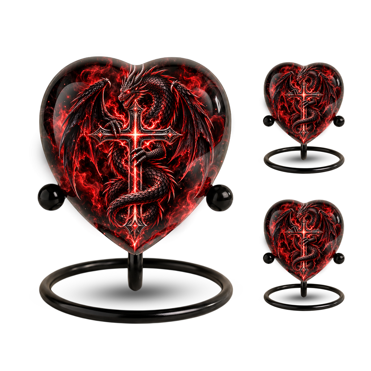 Red Dragon Cremation Urn for Ashes, Dragon Cross Memorial Urn, Gothic Fantasy Adult Urn, Personalized Dragon Urn for Men, Heart Shaped Urn