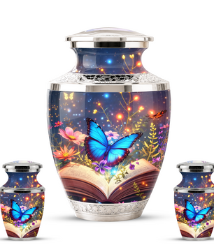 Butterfly Book Cremation Urn for Female - Blue Butterfly Floral Book Urn for Human Ashes